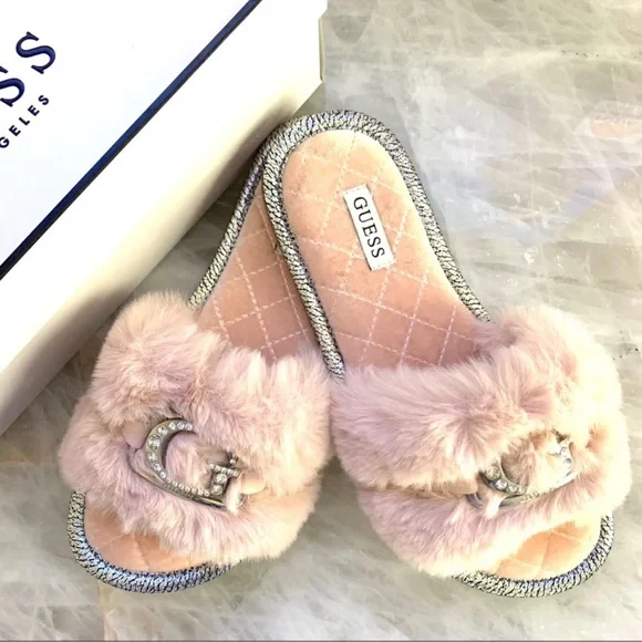 GUESS Women's Slippy Faux Fur Slide Slippers - Cozy House Shoes With Logo Band
